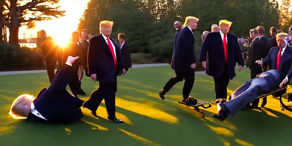 Prompt: Donald trump falls off of a trolly, caught in 4K, golden hour