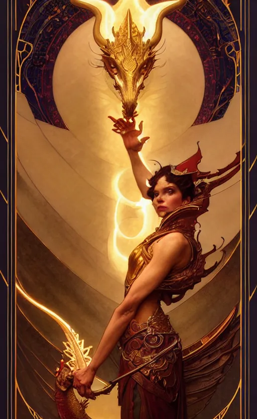 Image similar to magic gold dragon gorgeous lighting by weta studio, mucha, bautista and norman rockwell and greg rutkowski and tom bagshaw and james gurney and lucasfilm