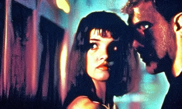 Image similar to full - color cinematic movie still from the 1 9 8 2 film blade runner starring actress phoebe cates. science - fiction ; action ; neon ; gritty ; dystopian ; detective mystery. detailed facial - features.