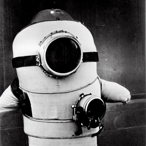 Image similar to old creepy black and white photograph of a minion in deep sea diving gear