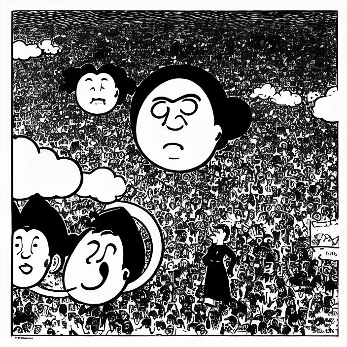 Prompt: a still frame from comic strip a scheme of the smiling cloud 1 9 5 0, herluf bidstrup, new yorker illustration, monochrome contrast bw, vector lineart graphics, manga, tadanori yokoo, simplified,