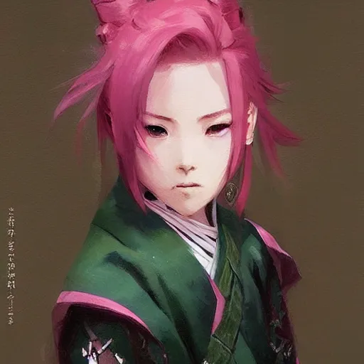 Prompt: painting by krenz cushart!!, full body of a samurai girl with pink hair and green eyes, stern look, finely detailed features, intricate brush strokes, beautiful lighting, trending on pixiv fanbox.
