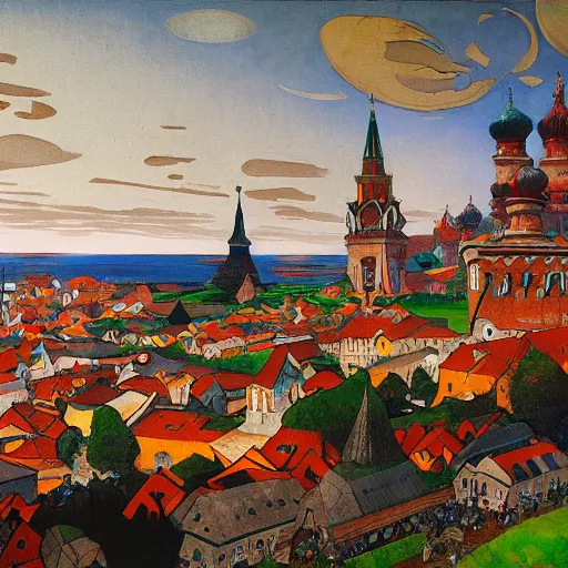 Image similar to photo beautiful magical ancient Slavic Russian city of Kitezh, fisheye lens, painting by Viktor Vasnetsov, concept art, magical city, fantasy cityscape, ancient Slavs, wooden buildings, ancient Russian architecture, terem, hyperborea, top cinematic lighting , cinematic mood, very detailed, 8k, painting by Nicholas Roerich, high resolution, trending on artstation, artstationHD,