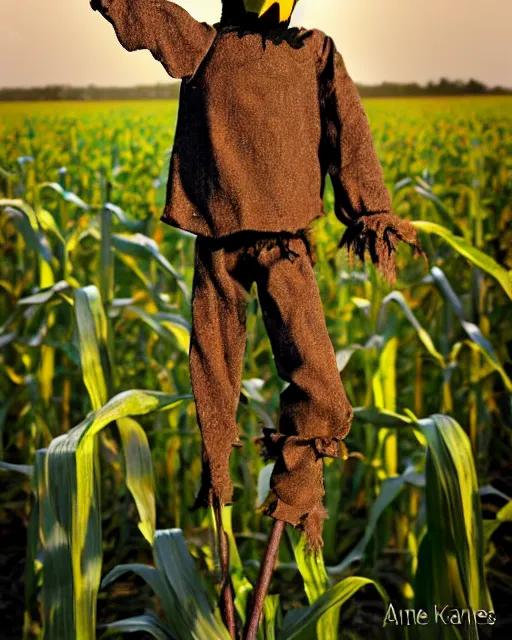 Prompt: scarecrow in the corn field at midnight, by Anne Stokes, 8K DoP