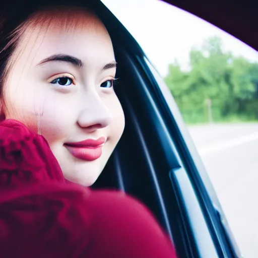 Image similar to a beautiful cute young woman takes a photo of herself, sitting in her car, flushed face, red blush, light freckles, big puffy lips, smiling softly, soft features, 8 k, sharp focus, instagram, portra 4 0 0