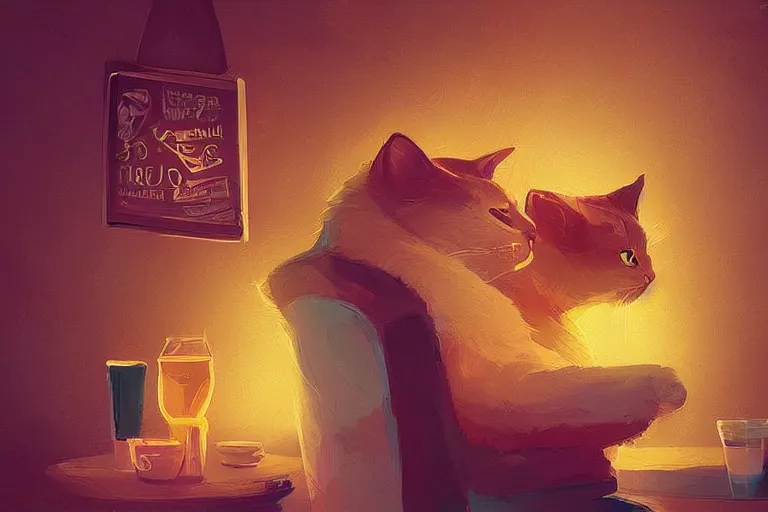 Prompt: a digital art of close up of a cat sits on a chair in a bar, animal, cute, light effect, highly detailed, by anton fadeev