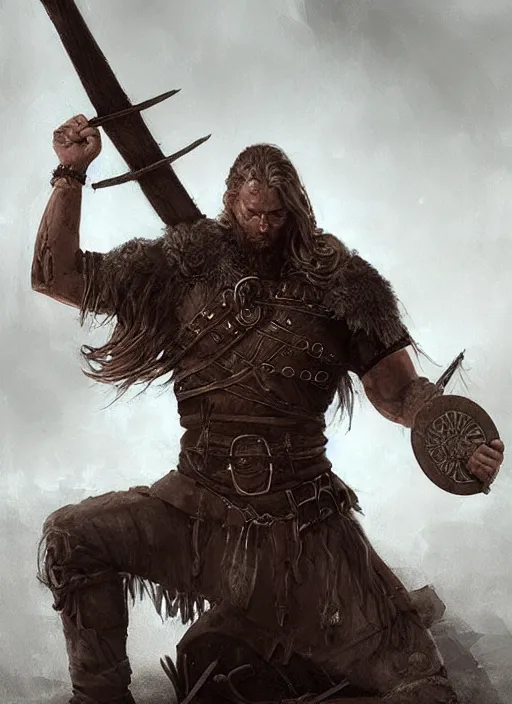 Prompt: aesthetic digital illustration of a kneeling viking warrior, by anne stokes, greg rutkowski, and brian belledin | dirty and bloody, concept art, character concept, matte background. unreal engine, finalrender, centered, deviantart, artgerm