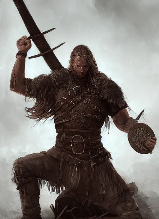 Image similar to aesthetic digital illustration of a kneeling viking warrior, by anne stokes, greg rutkowski, and brian belledin | dirty and bloody, concept art, character concept, matte background. unreal engine, finalrender, centered, deviantart, artgerm