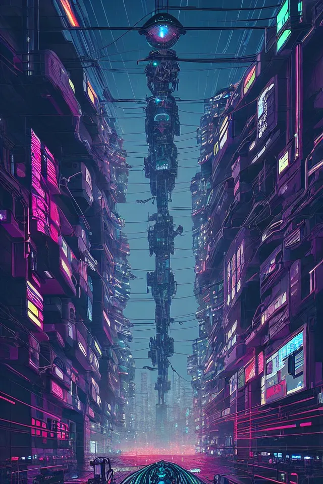 Prompt: cyberpunk mechatower made out of billions of stacked computer screens by simon stalenhag and dan mumford, tokyo, omnipresent ai god, mass effect fantasy, cinematic lighting