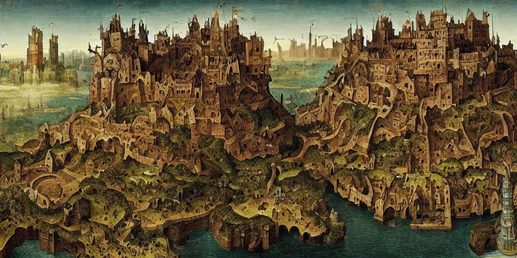 Prompt: laputa : castle in the sky in the style of heironymus bosch, intricate masterpiece, hyper detailed, hd