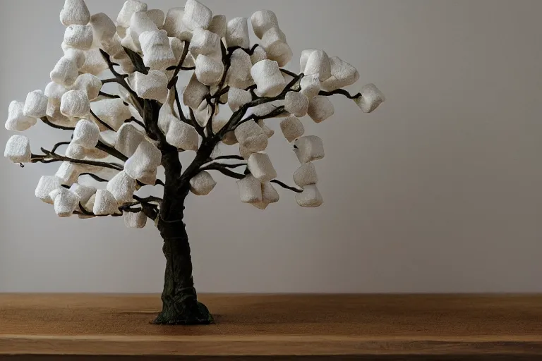 Image similar to studio photo of marshmallow tree, photorealistic, 50mm