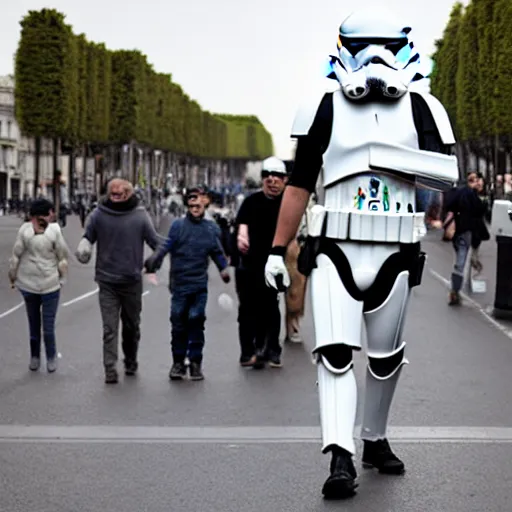 Prompt: Stormtrooper walks in the avenue des champs elysée