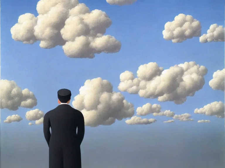 Image similar to man made out of clouds, painting by rene magritte, high detail, high resolution