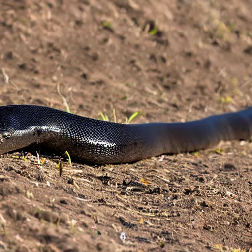 Image similar to big black snake with amber eyes, far shot