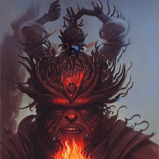 Image similar to head and shoulders portrait of a black samurai fire giant, wreathed in flame, d & d, fantasy, greg rutkowski, frank frazetta, alexandre chaudret, boris vallejo, michael whelan, miro petrov, hr giger, magali villeneuve, donato giancola