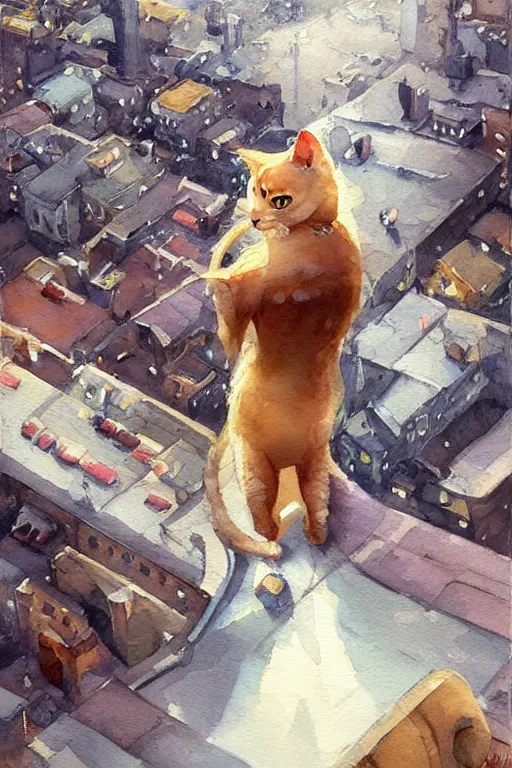 Prompt: beautiful clean oil painting a anthropomorphic cat in a cats city from the top of a roof pinterest, artstation trending, behance, watercolor, by coby whitmore, silver, laser light