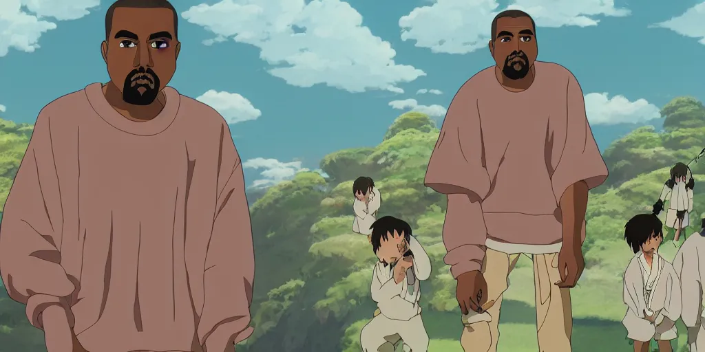 Image similar to kanye west in a studio ghibli movie, movie still frame, anime art style, studio ghibli, 4 k, 8 k