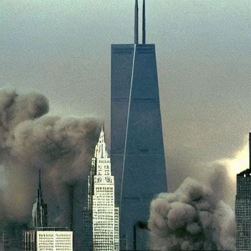 Prompt: “The TwinTowers transform into giant robots as Donald Trump commands them to intercept Bin Laden’s evil attack planes September 11 2001 hq ap photos CNN”