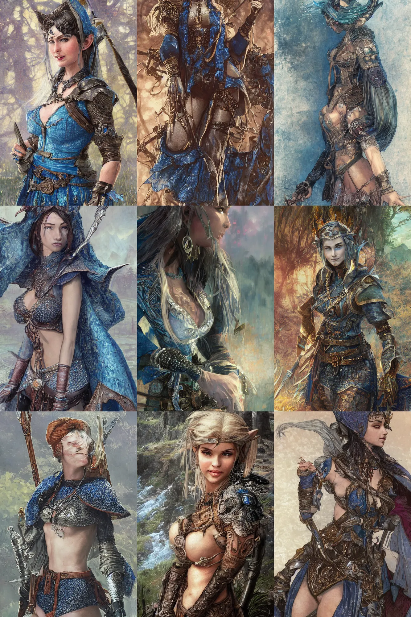 Image similar to alluring highly detailed matte close-up portrait of beautiful elf Shani (from Witcher 3) wearing chesty chainmail bikini and a blue cloak, very detailed, realistic, manga, pen and ink, by Stanley Artgerm Lau, greg rutkowski, thomas kindkade, alphonse mucha, loish, norman rockwell J.