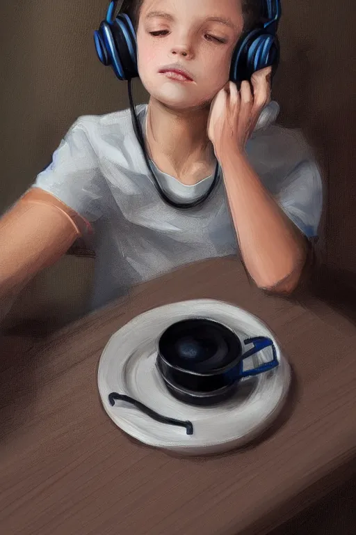 Image similar to a boy with headphones sitting on a table in a cafe, digital art, digital painting, masterpiece, concept art, trending on deviantart, highly detailed, high quality, anatomically correct, five fingers, cinematic, high coherence, soft lighting, soft colors, beautiful, elegant, short black hair, 4 k, symmetrical, realistic and detailed face, cartoon