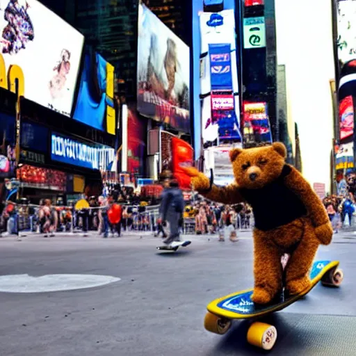 Image similar to A photo of a teddy bear on a skateboard in Times Square