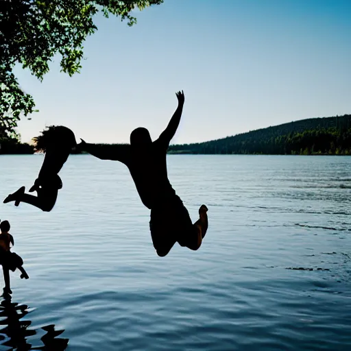 Prompt: family jumping off a dock into lake silhouette