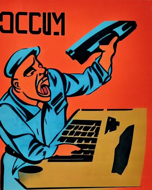 Image similar to soviet propaganda poster of an angry communist developer yelling at his computer