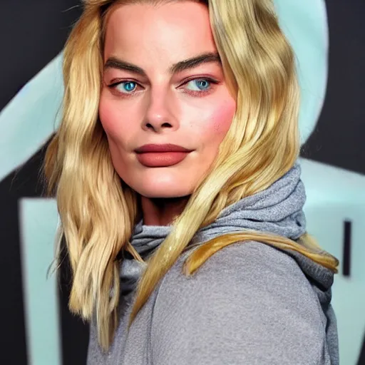 Image similar to face photo of margot robbie as super saiyan powering up long hair wearing hoodie by annie leibovitz