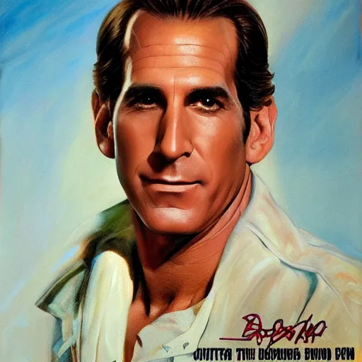 Image similar to ultra realistic portrait painting of scott bakula in a vintage movie poster, art by frank frazetta, 4 k, ultra realistic, highly detailed, epic lighting