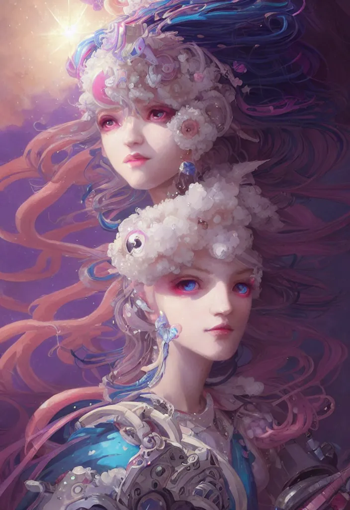 Image similar to close up picture of an maximalist dress magical girl, neat hair with bangs, smug face, extremely beautiful and aesthetic and detailed cute face and eyes, wipe out evils with cute astronaut familiar sprites, aming the magical beams to the camera, chiaroscuro, intricate, masterpiece, epic fantasy illustrations by peter mohrbacher and anato finnstark and jeremy lipking