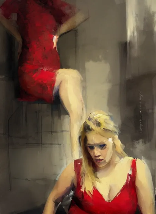 Prompt: beautiful plus size girl, red dress, painting by jeremy mann