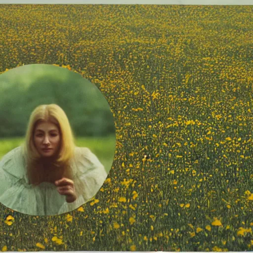 Image similar to a 1 9 7 7 beautiful woman and a 3 d rendering of a smiley apple in a meadow, color film still 1 9 7 7, tarkovsky