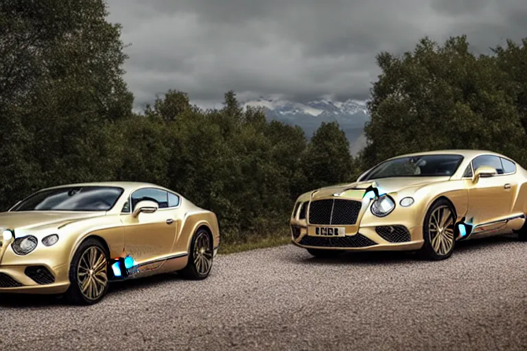 Image similar to Bentley Continental GT in shiny gold film drives along old Russian village road with houses around the edges