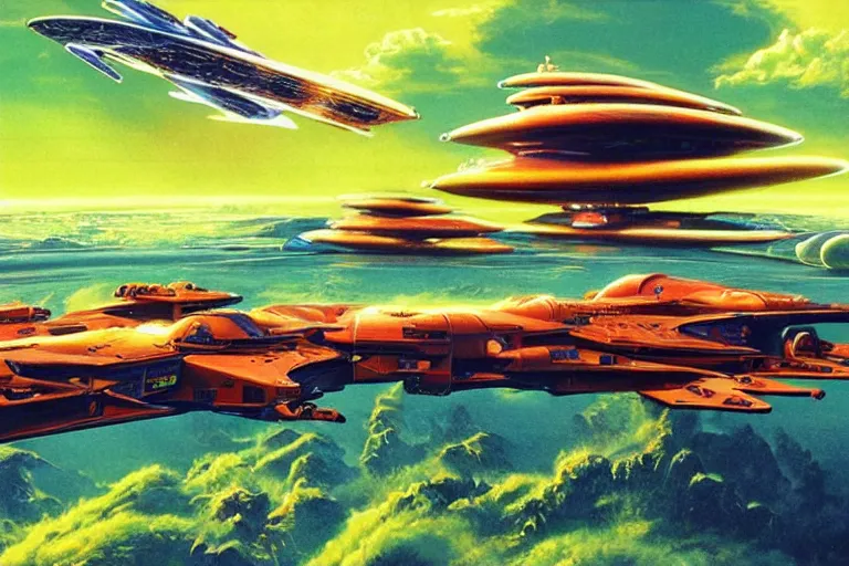 Image similar to bold military spaceship cruising in front of a lush planet, fluid, smooth, bright saturated colours, high contrast, sharpness, very detailed, intricate, by angus mckie, colin hay, stewart cowley, john berkey, wojciech siudmak