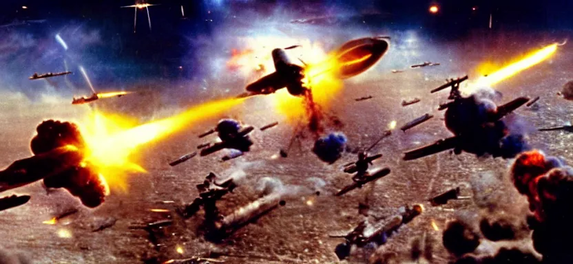 Image similar to a film still of an epic ww 2 space battle, explosions, directed by roger corman, wide angle, rule of thirds, colorful, 4 k, hd, hyperrealistic, 7 0 mm