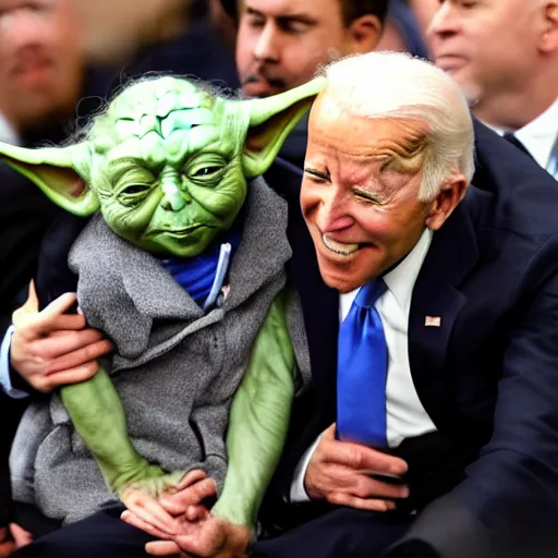 Image similar to yoda snuggles up against joe biden, AP news photograph, high-resolution