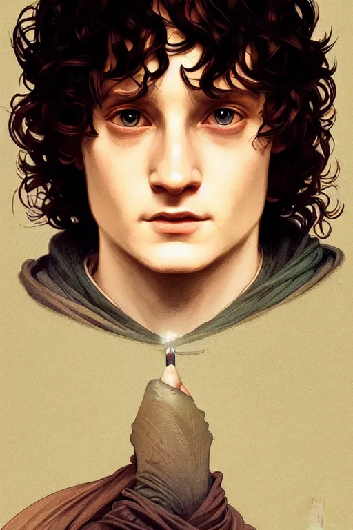 Prompt: a portrait of frodo baggins, fantasy, sharp focus, intricate, elegant, digital painting, artstation, matte, highly detailed, concept art, illustration, ambient lighting, art by ilya kuvshinov, artgerm, alphonse mucha, and greg rutkowski