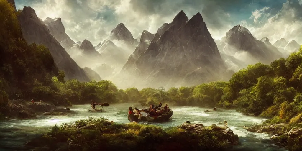 Prompt: A majestic landscape featuring a river, mountains and a forest. A small group of birds is flying in the sky. there is a group of man carrying a boat above their heads. Cinematic, very beautiful, painting in the style of Lord of the rings