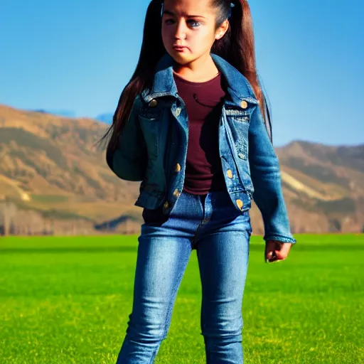 Image similar to a young spanish girl plays on a great green meadow, she wears a jacket, jeans and boots, she has two ponytails, photo taken by a nikon, highly detailed, sharp focus