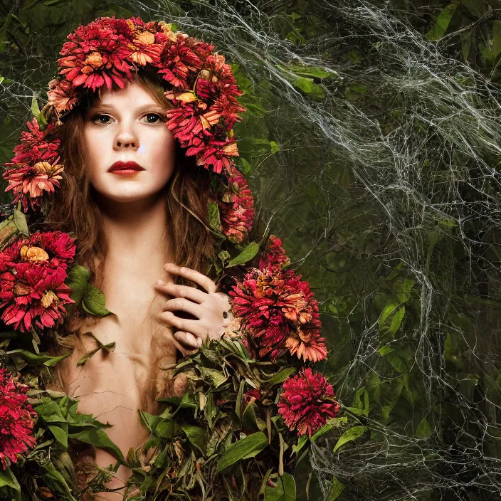 Image similar to closeup portrait of a woman wearing a hooded cloak made of zinnias and barbed wire, in a dark forest, by David LaChapelle, natural light, detailed face, CANON Eos C300, ƒ1.8, 35mm, 8K, medium-format print