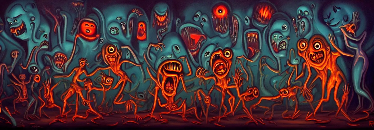 Image similar to visceral freaky obsessive monsters from the darkest depths of collective unconscious, dramatic glowing lighting, 1 9 3 0 s fleischer cartoon characters, wild emotional expressions - surreal painting by ronny khalil