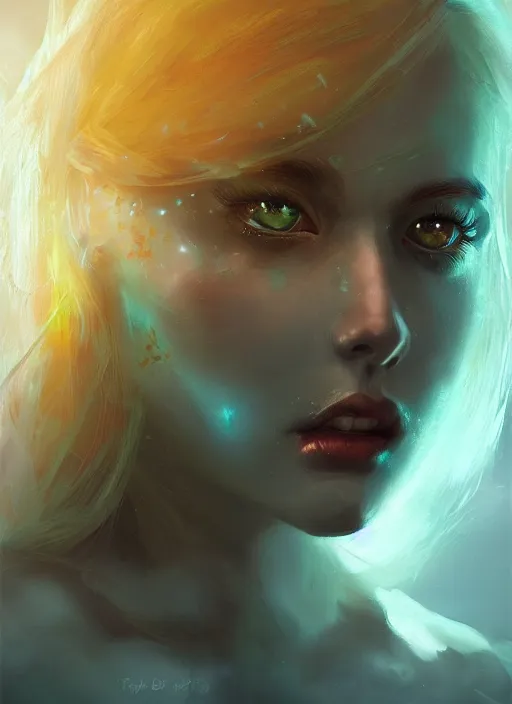 Image similar to a gorgeous flower princess portrait by WLOP, emerald yellow eyes, blue hair, digital painting, beautiful lighting, ominous, cgsociety