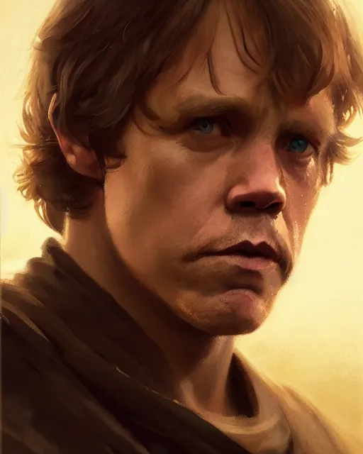 Image similar to luke skywalker, jedi knight. fantasy science fiction art by greg rutkowski, gustave courbet, rosa bonheur, edward hopper. faithfully depicted facial expression, perfect anatomy, realistic eyes, sharp focus, global illumination, radiant light, detailed and intricate environment, trending on artstation