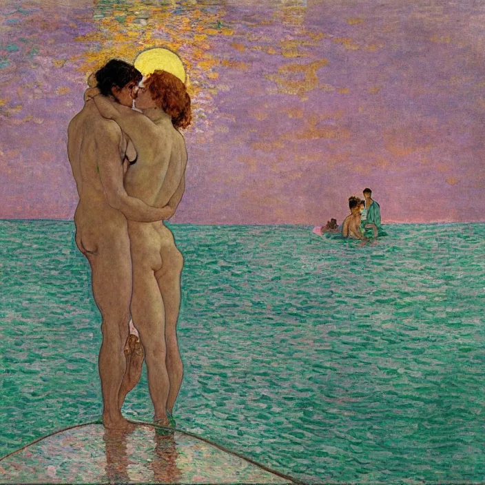 Prompt: close view of woman and man kissing halfway in the water. great, tall waves, sun setting through the storm clouds. iridescent, vivid psychedelic colors. painting by bonnard, felix vallotton, egon schiele, henri de toulouse - lautrec, utamaro, monet