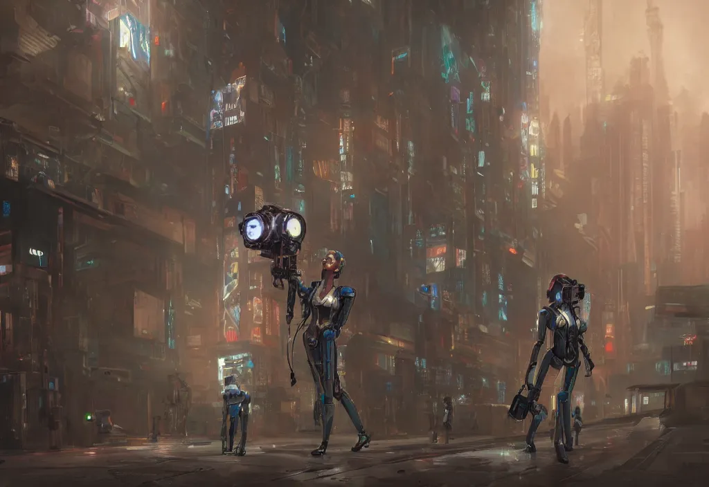 Prompt: a screenshot of a cyberpunk movie depicting a female robot carrying a movie camera, fantasy, intricate and very very beautiful, highly detailed, digital painting, artstation, concept art, smooth and sharp focus, illustration, art