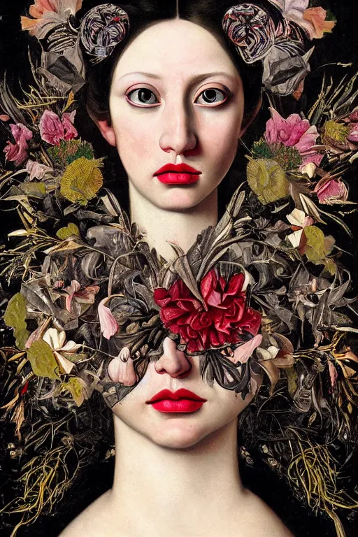 Prompt: Detailed maximalist portrait a with large lips and with large eyes, exasperated expression, fleshy botanical, high fashion, HD mixed media, 3D collage, highly detailed and intricate, surreal illustration in the style of Caravaggio and Jenny saville, dark art, baroque