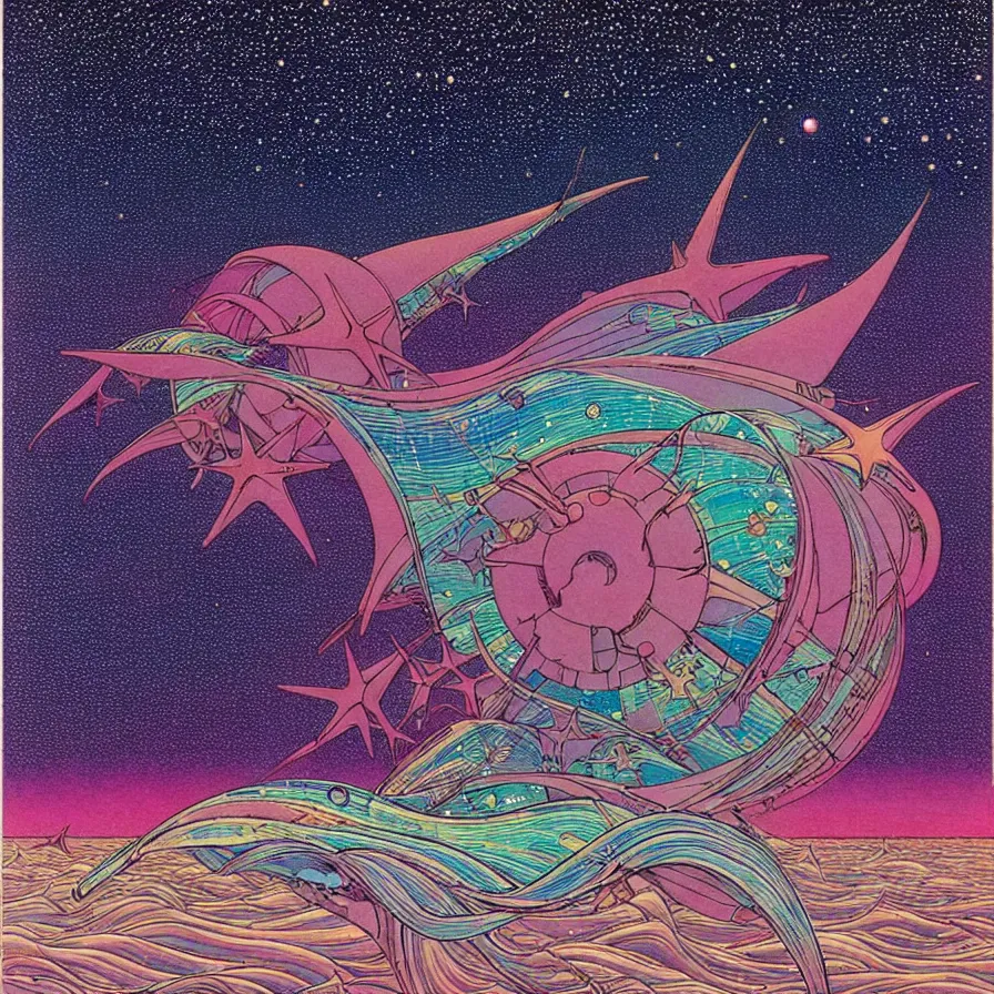 Image similar to ( ( ( ( shinning starry sky and sea, with decorative frame design ) ) ) ) by mœbius!!!!!!!!!!!!!!!!!!!!!!!!!!!, overdetailed art, colorful, artistic record jacket design