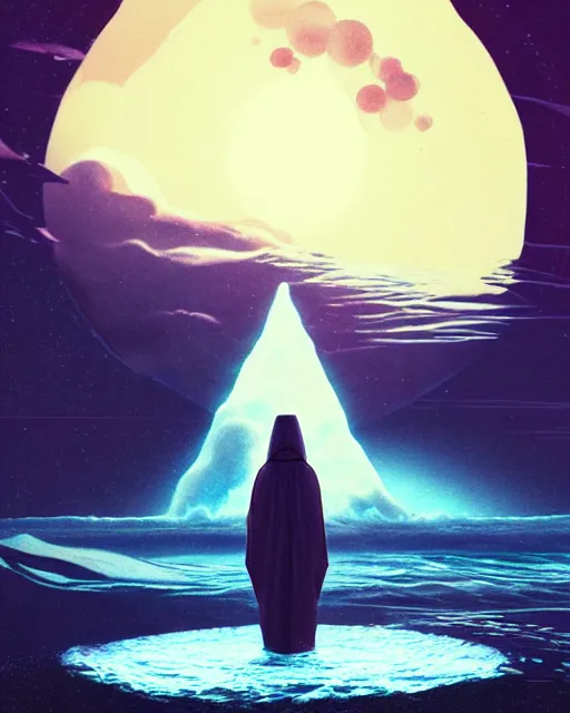 Image similar to a person wearing a white cloak standing in the water. a large planet is overhead. an album cover by stanley twardowicz, trending on cg society, retrofuturism, retrowave, chillwave, synthwave