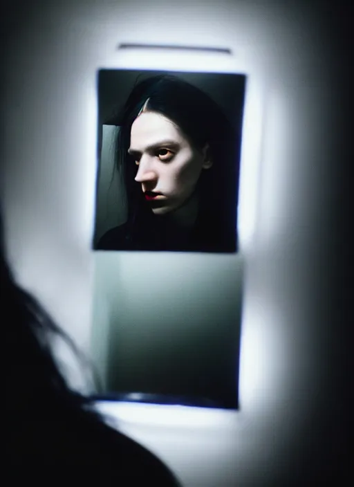 Image similar to cinestill 5 0 d candid photographic portrait by stanley kubrick of a beautiful mixed feminine man wearing black techwear and light makeup looking in a broken bathroom mirror, rundown new york apartment, medium closeup, retrofuturism grunge cyberpunk lights shadows refraction, 3 5 mm, f / 3 2, 4 k, 8 k, hd, high resolution, ultra realistic faces, intricate detail