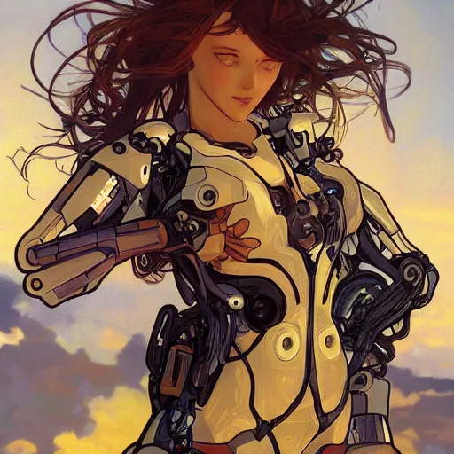 Prompt: beautiful woman cybernetic combat mech augmentations sunflower field sunset beautiful by alphonse mucha yoji shinkawa and james gurney artstation hyperrealism